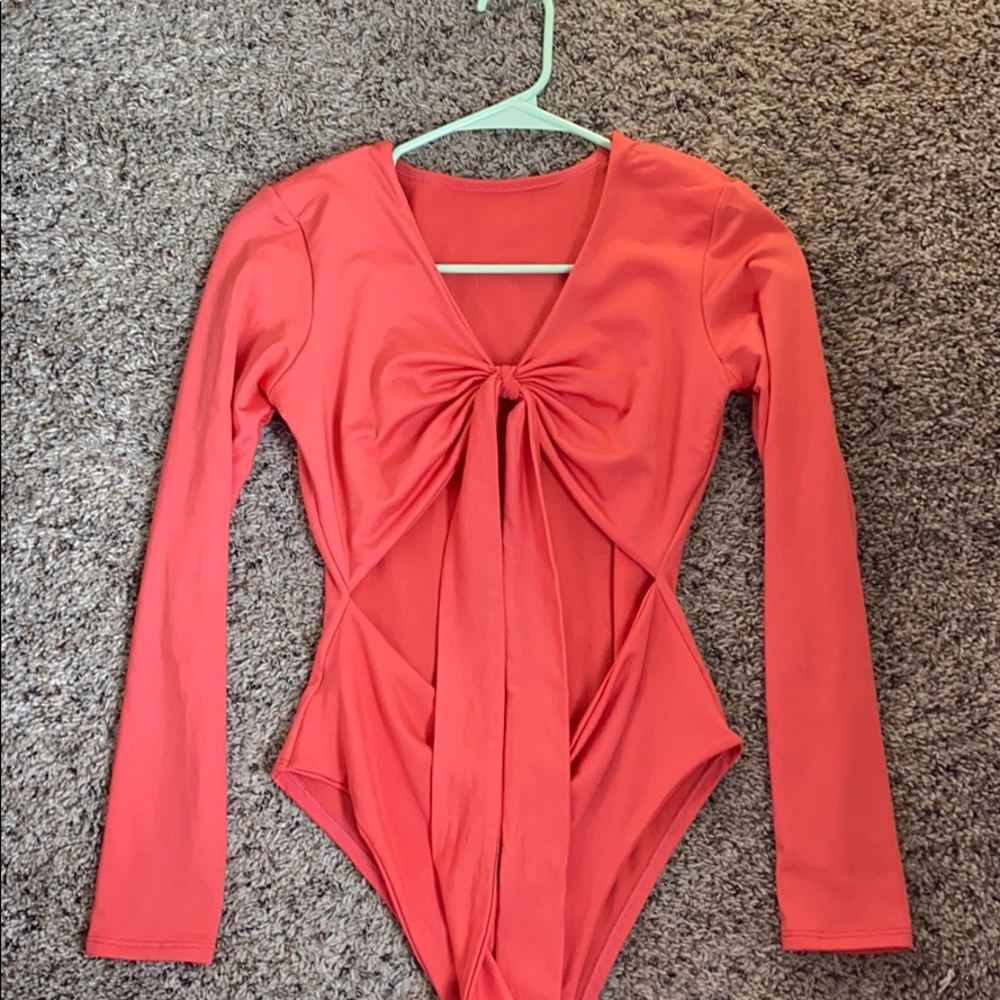 Coral tie front bodysuit